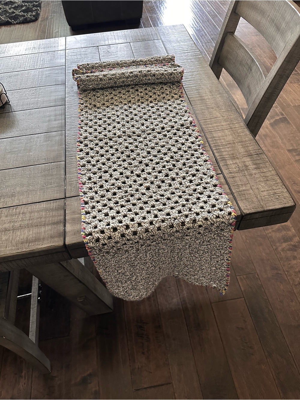 Handmade Crocheted Table Runner in Light Gray with Multicolor Trim